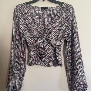 EXPRESS Printed Blouse (XS) - Peplum / Puff Sleeve (white/purple/black)